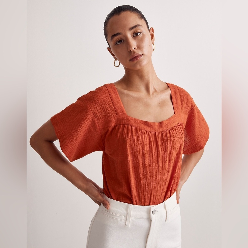 Madewell Square-Neck Short-Sleeve Popover Top in Windowpane